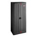 A dark gray metal Suncast tall storage cabinet with red handles.