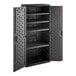 A dark gray Suncast metal tall storage cabinet with shelves.