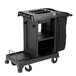 A black Suncast janitor cart with a black bag on it.
