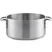 A silver aluminum sauce pot with handles.