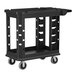 A black plastic utility cart with wheels.