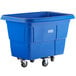 A blue plastic container with wheels.