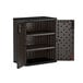 a black metal cabinet with shelves