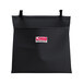 A black bag with a white label with a red logo.