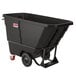 A black plastic Suncast tilt truck with red wheels.