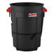 A black plastic Suncast trash can caddy with red handles.