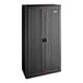 A dark gray metal Suncast storage cabinet with red handles.