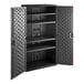 A dark gray Suncast metal storage cabinet with shelves.