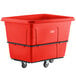 A red plastic Lavex cube truck container on wheels.