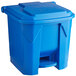 A blue Lavex rectangular step-on trash can with a lid.
