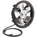 An Avantco evaporator fan motor with a black and silver metal fan and a black cable.