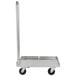 A silver metal folding cart with wheels.