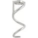 A metal spiral dough hook with a curved end and holes.
