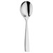 A close-up of a WMF by BauscherHepp stainless steel bouillon spoon with a silver handle.