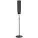 a black microphone stand with a white background