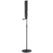 A black metal floor stand with a steel base plate holding a black rectangular Lavex soap/sanitizer dispenser.