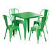 A Lancaster Table & Seating jade green table with 4 chairs with green metal seats.