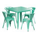 A Lancaster Table & Seating aquamarine table with four arm chairs.