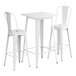 A Lancaster Table & Seating pearl white metal bar table with 2 white square top bar stools.