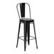 A black metal bar stool with a backrest.