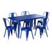 A blue table and chairs with a white background.