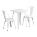 A white square Lancaster Table & Seating outdoor table with two white chairs.