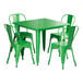 A Lancaster Table & Seating jade green square table with 4 green metal chairs.