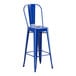 A blue metal bar stool with a backrest.