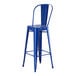 A blue metal bar stool with a backrest.