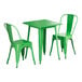 A jade green square table with green metal legs and two jade green chairs.