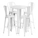 A Lancaster Table & Seating white metal bar height table with 4 white barstools.