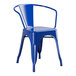 A close up of a blue metal Lancaster Table & Seating arm chair.