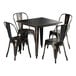 A Lancaster Table & Seating black metal square table with a brown edge and 4 black chairs.