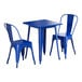 A blue square Lancaster Table & Seating Alloy Series outdoor table with two blue chairs.