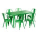 A Lancaster Table & Seating Jade Green table with six chairs on an outdoor patio.