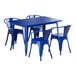 A blue table and four blue chairs on an outdoor patio.