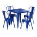 A blue square table with blue metal chairs.