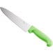 A Choice 8" chef knife with a neon green handle.