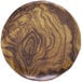 A round wood grain melamine plate with a brown pattern.