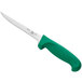 A Choice narrow boning knife with a green handle.