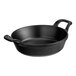 A black round Elite Global Solutions melamine fry pan with two handles.