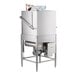 A commercial high temperature dishwasher with a stainless steel exterior and an overhead control unit.