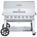 a silver barbecue on wheels