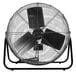 A large black TPI industrial floor fan with black legs.