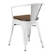 A white metal Lancaster Table & Seating chair with a walnut wood seat.