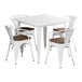 A white square Lancaster Table & Seating Alloy Series table with 4 white chairs and walnut seats.