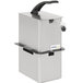 A stainless steel rectangular pump dispenser with a black handle.