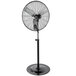 A black TPI industrial pedestal fan on a stand.