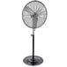 A black TPI industrial pedestal fan on a stand.