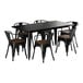 A Lancaster Table & Seating black table with walnut wood seats and 6 arm chairs around it.